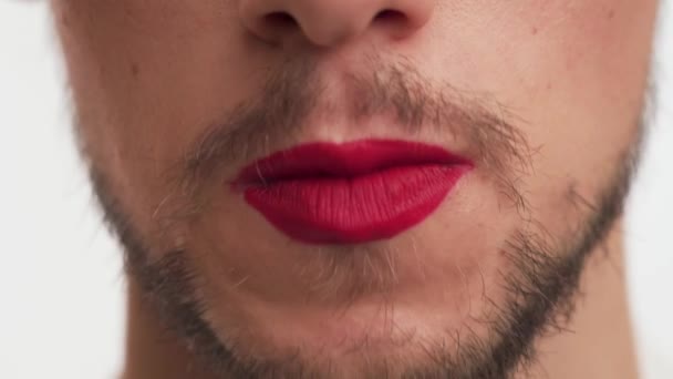 One Young Beauty Handsome Boy Dark Beard Moustache Wearing Makeup — Stock Video