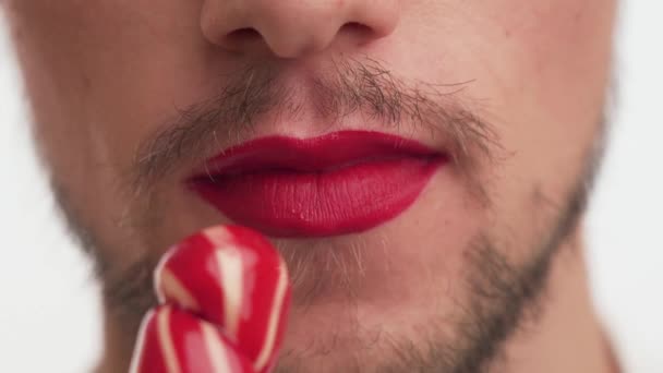 Close Mouth Gorgeous Guy Make Red Lipstick Lips One Young — Stock video