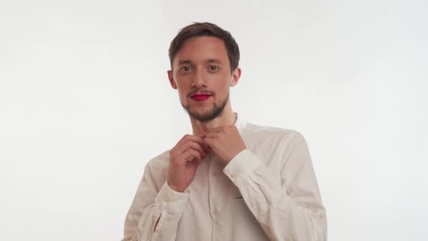 Europea Soltera Sonriente Persona Feliz Usar Camisa Negocios Utilizar Maquillaje — Vídeos de Stock