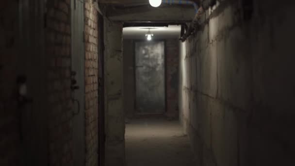 汚い恐怖長い廊下を放棄した 一つの明かり灯がかすかに輝いている 空の地下道 金属製のドアで場所を隠す 灰色のコンクリートとレンガの壁 — ストック動画