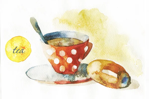 Watercolor cup of tea and dessert, — Stock Photo, Image