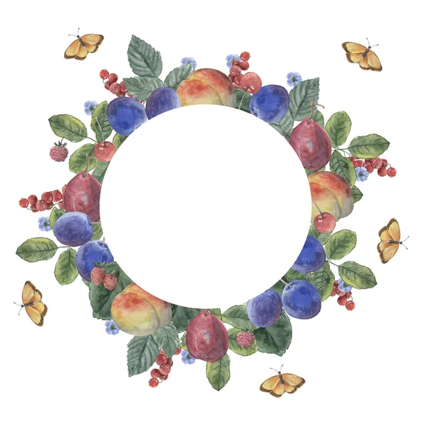 Gyümölcsök, bogyós gyümölcsök és virágok, összetétele, akvarell — Stock Fotó