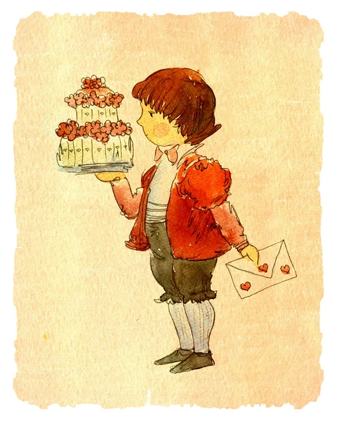 Boy holding cake in hand — Stock Photo, Image