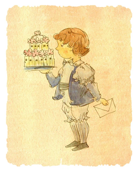 Boy holding cake in hand — Stock Photo, Image