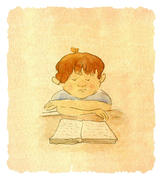 Çocuk evde kitap okuyor.