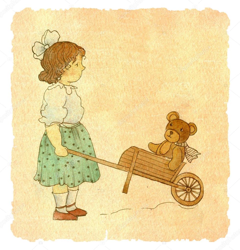 girl with teddy bear in toy trolley