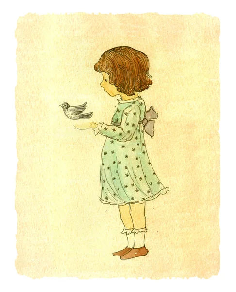 Kleines Mädchen mit Vogel — Stockfoto