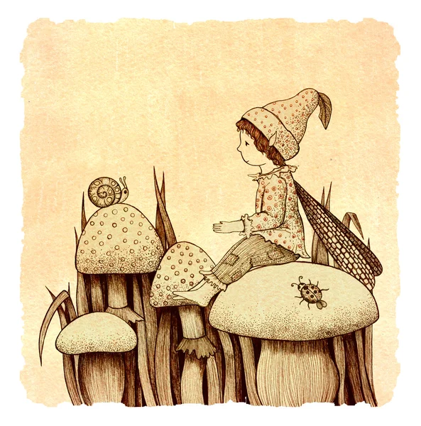 Elf ve mantar, suluboya resim