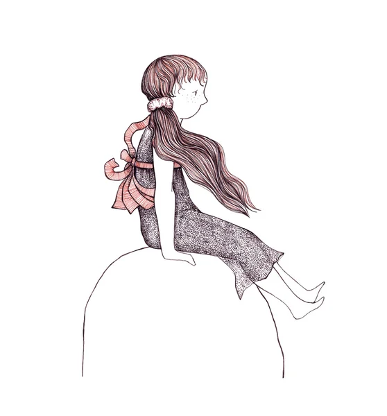 Smutna dziewczyna na kamieniu, grafika — Zdjęcie stockowe
