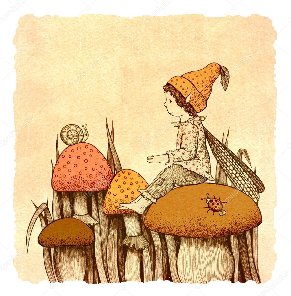 elf and mushrooms, watercolor illustration