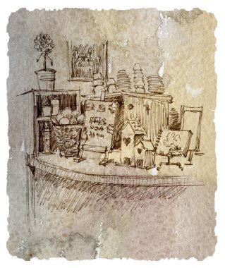 kafe iç tasarım, çizim, grafik