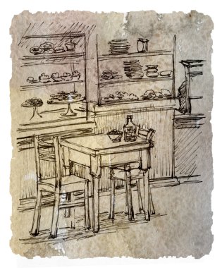 kafe iç tasarım, çizim, grafik