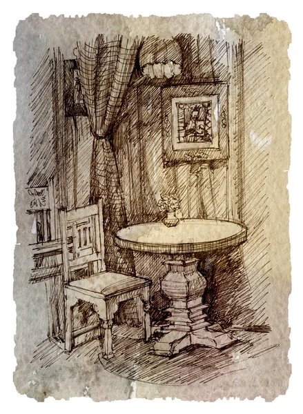 Croquis d'un intérieur, dessin, aquarelle , — Photo