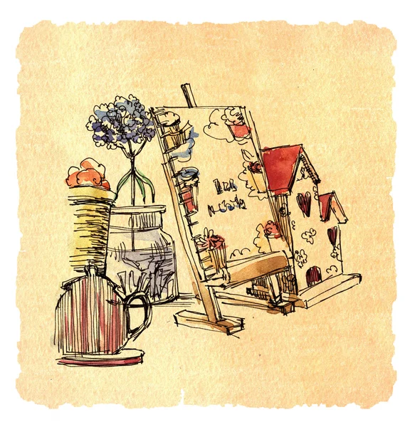 Natürmort, çizimler, suluboya çizimi