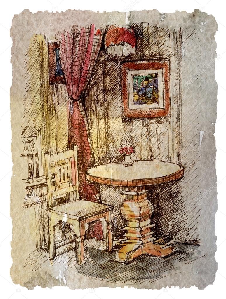sketch of an interior, drawing, watercolor,