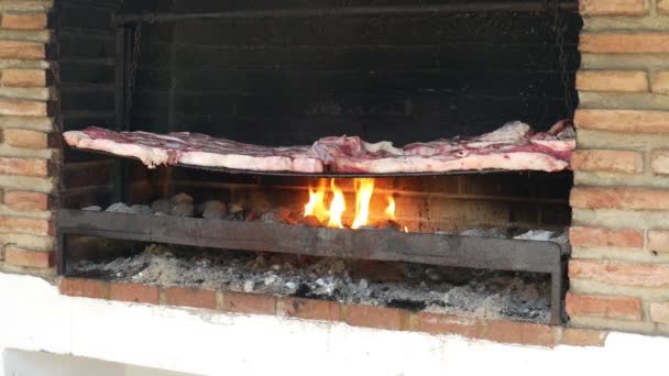 Grill, mięso na ogniu, mięso jest smażone. — Wideo stockowe