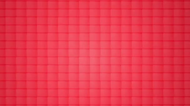 Абстрактний петельний анімований фон, заснований на русі червоно-рожевих кубиків кристалів, що збираються та розпадаються в стіну, що складається з цегли з джерелом світла та заломлення — стокове відео