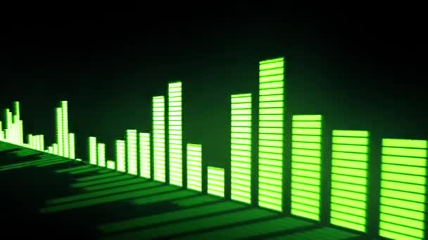 Musik kontrollnivåer. Glow syra-grön ljud equalizer barer flyttar med reflektion från spegelytan. — Stockvideo