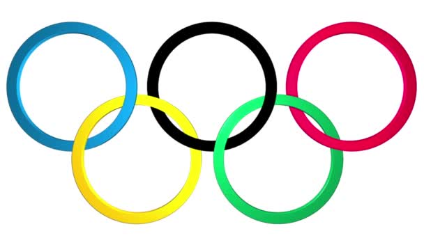 Animazione editoriale: sfondo con gli anelli olimpici 3d con comparsa e scomparsa. Il simbolo dei giochi olimpici. Ogni anello simboleggia un continente. Alfa matte — Video Stock