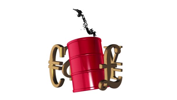 Looped animated background: 3d world golden currencies rotate around the red barrel of petroleum with black oil splash and drops of oil on the white background. Seamless loop. Alpha matte. — Stock Video