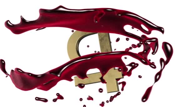 Zapętlone animowane tło: 3d red scarlet krwi odrobina obracać wokół symbolu złotych Rubel Rubel na białym tle. Bezszwowe pętli. Alfa matowy. — Wideo stockowe