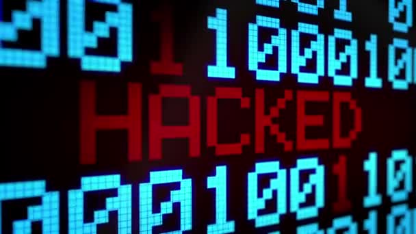 Lus geanimeerde achtergrond met lijnen uitgevoerd met binaire code en glinsterende tekst "Hacked" licht-blauw en rode kleur op het zwarte scherm. Pixels. Naadloze loops. — Stockvideo