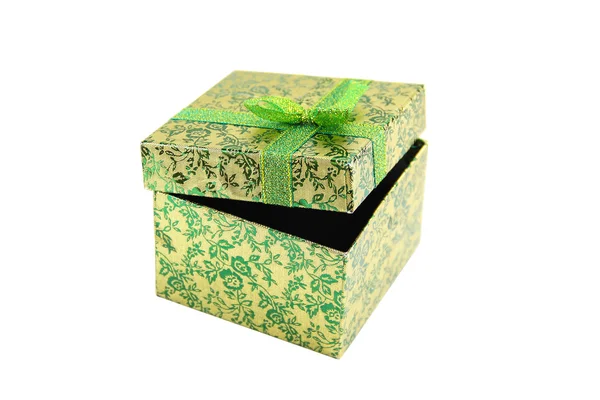 Verde abierto - caja de regalo metálica con lazo de cinta. Regalo de vacaciones. Objeto aislado sobre fondo blanco —  Fotos de Stock