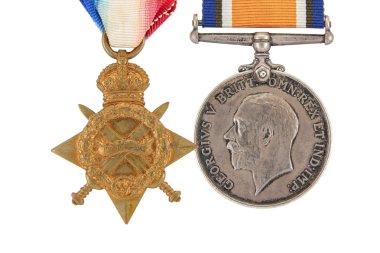 The British War Medal, 1914-18 with ribbon, silver vintage military medal (Squeak), obverse, The 1914-15 Star (Pip), world war one, isolated on white background clipart