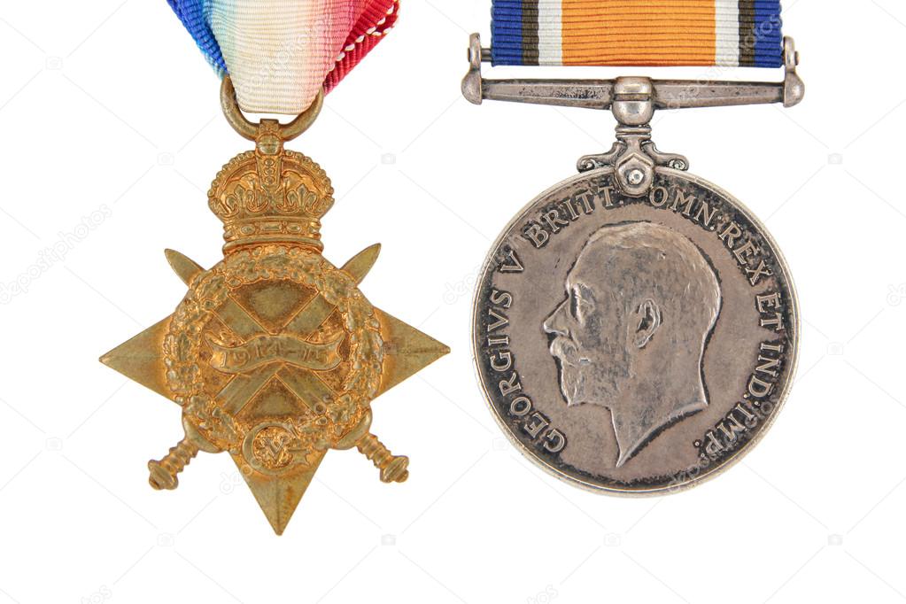 The British War Medal, 1914-18 with ribbon, silver vintage military medal (Squeak), obverse, The 1914-15 Star (Pip), world war one, isolated on white background