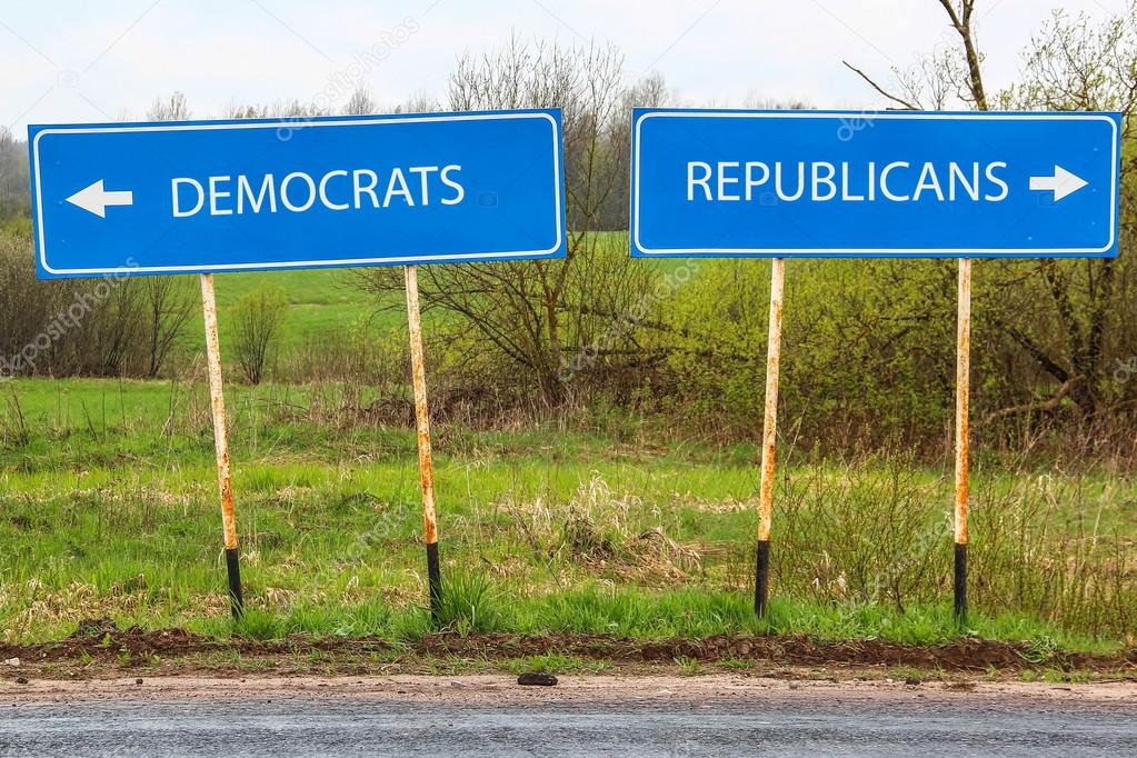 Republican and Democrat road sign with nature landscape in background