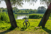 Kolo s košíkem mezi dvěma kmeny stromů na břehu řeky, čekající na majitele, který šel plavat