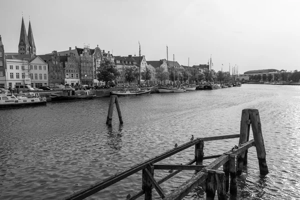 Old pier on Trave in Luebeck — Stock Photo, Image