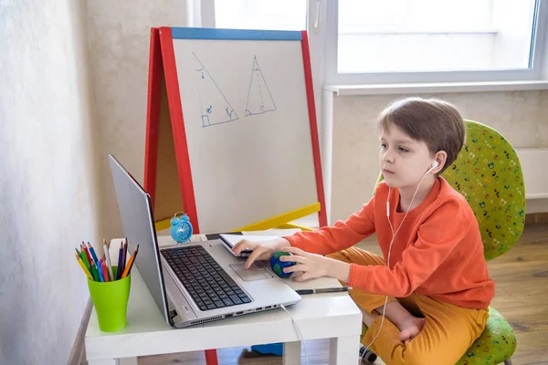 Boy Sitting Table Home Front Laptop Boy Doing Homework Classes — Stock Photo, Image