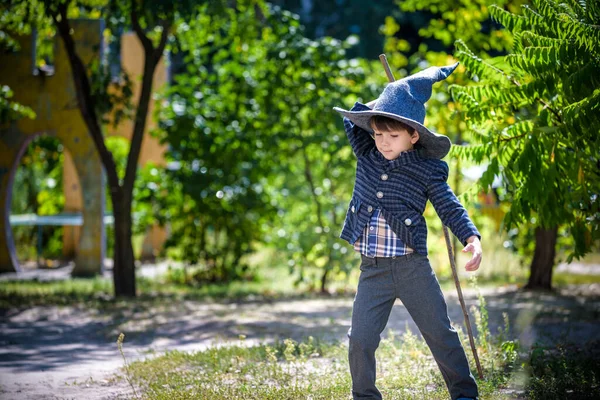 Kleinkind Mit Zipfelmütze Das Draußen Mit Zauberstab Spielt Kleiner Zauberer — Stockfoto