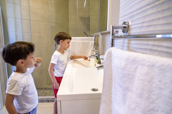 Older brother learning to clean the teeth for younger brother in the bathroom with mirror.