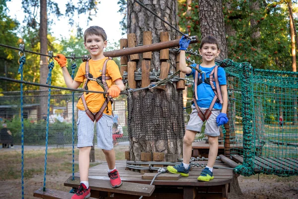 Two Cute Happy Young Children Boy His Brother Protective Harness — стоковое фото