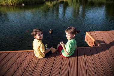 İki çocuk açık şeffaf gölde yaban ördeklerini ve küçük balık sürülerini besliyor. Erkek kardeşler en iyi arkadaşlardır. Yaz tatili arkadaşlık kavramı.