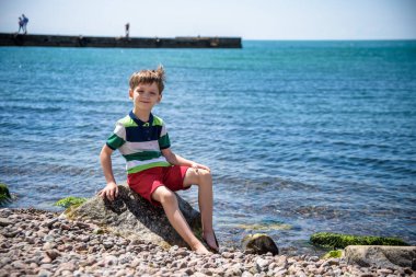 Beyaz bir erkek bebek kumsalda oturuyor. Tatlı çocuk yaz günü kumların üzerinde kayalar ve kabuklu deniz ürünleriyle oynuyor. Kopyalama alanı, kapalı, açık alan.