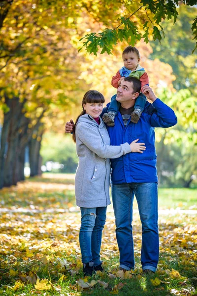 Οικογένεια Τριών Περιπάτων Στο Φθινοπωρινό Πάρκο Κρατώντας Χέρια Ευτυχισμένος Πατέρας — Φωτογραφία Αρχείου