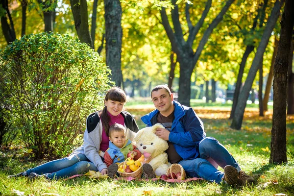 Щаслива Сім Насолоджується Осіннім Пікніком Батько Мати Син Сидять Полі — стокове фото