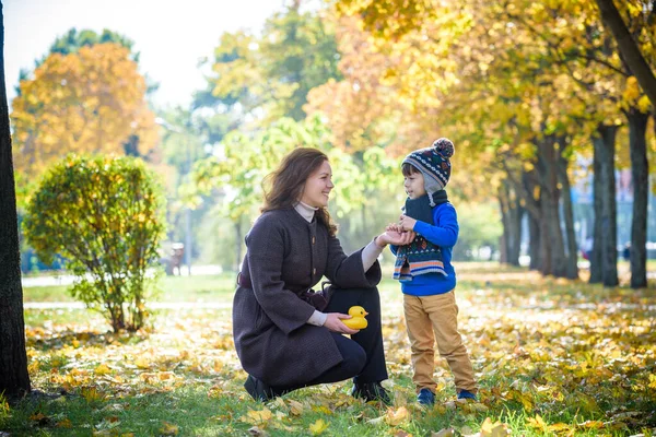 Μητέρα Και Μωρό Παίζουν Στο Πάρκο Φθινόπωρο Γονείς Και Παιδιά — Φωτογραφία Αρχείου