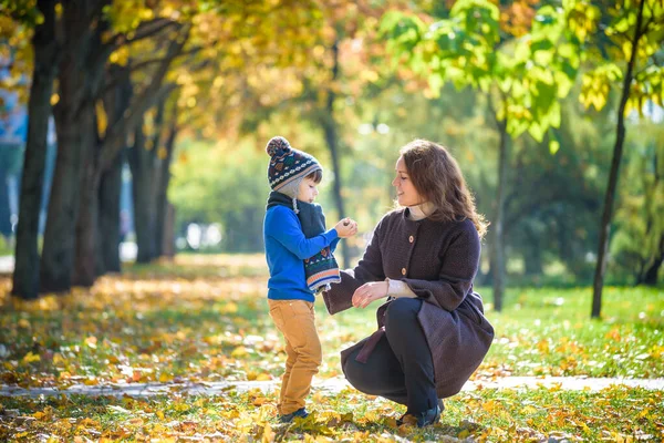 Μητέρα Και Μωρό Παίζουν Στο Πάρκο Φθινόπωρο Γονείς Και Παιδιά — Φωτογραφία Αρχείου