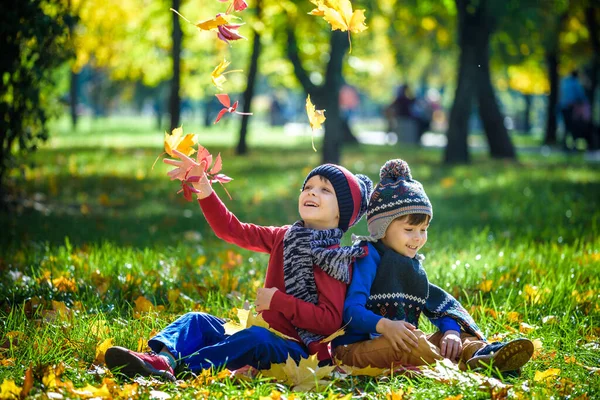 Happy children playing in beautiful autumn park on warm sunny fall day. Kids play with golden maple leaves. Season, children, lifestyle concept.