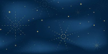 Şatafatlı Noel ve yeni yıl şablonu koyu mavi arka planda altın renkli havai fişekler. Pankart, broşür ve davetiye için uygun. Vektör illüstrasyonu
