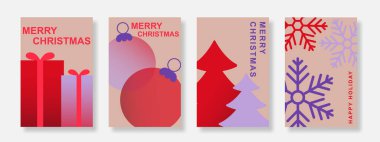 Mutlu Noeller ve yeni yıl seti. Minimalist kaplama şablonu hediye kutusu, takı, noel ağacı ve kar taneleriyle. Poster, tebrik kartı ve sosyal medya için uygun. Vektör illüstrasyonu