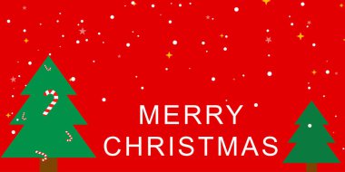 Noel ağacı, şeker kamışı ve kırmızı arka planda kar yağışlı mutlu Noeller. Poster, davetiye ve sosyal medya afişi için uygun. Vektör illüstrasyonu