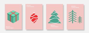 Mutlu Noeller ve mutlu yıllar tebrik kartı seti. Minimalist davetiye şablonu hediye kutusu, takı ve Noel ağacı. Sosyal medya, afiş ve broşür için uygun. Vektör illüstrasyonu