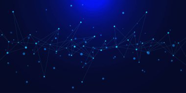 Noktaları ve çizgileri birleştiren soyut parçacık akışı. Büyük veri görselleştirmesi. Dijital ağ bağlantısı, Yapay Zeka, bilim ve teknoloji geçmişi. Vektör illüstrasyonu