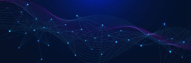 Dalga akışına sahip soyut ağ bağlantı noktaları ve çizgiler. Pleksus tasarımı ile büyük dijital veri görselleştirmesi. Bilim ve teknoloji tasarımı. Vektör illüstrasyonu