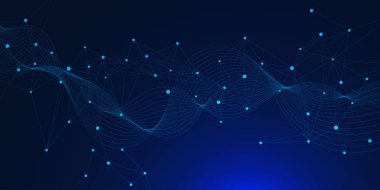 Soyut pleksus ve bilim ve teknoloji afişi için dalga akışı. Fütürist ağ bağlantısı ve iletişim konsepti. Vektör illüstrasyonu